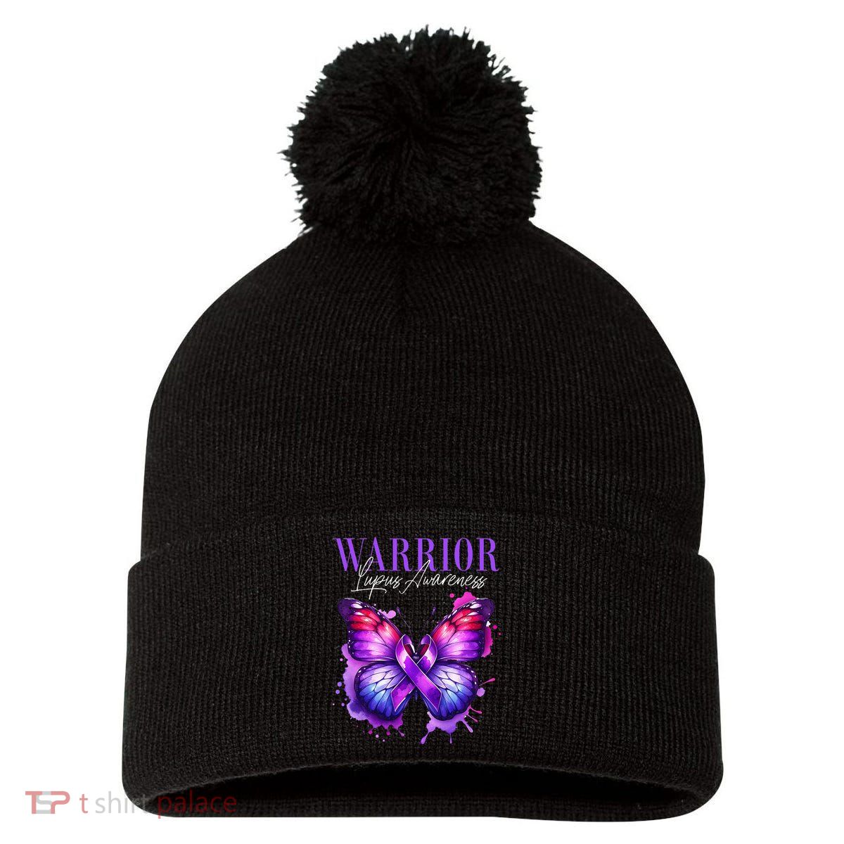 Lupus Awareness Warrior Survivor Purple Butterflies Pom Pom 12in Knit Beanie