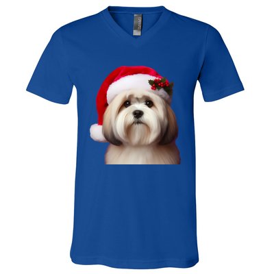 Lhasa Apso With Santa Hat Christmas Dog Owner Lover Mom Dad Gift V-Neck T-Shirt