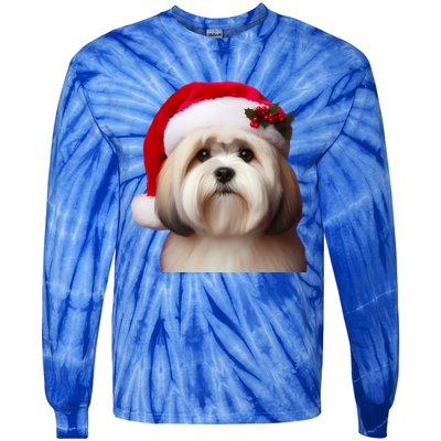 Lhasa Apso With Santa Hat Christmas Dog Owner Lover Mom Dad Gift Tie-Dye Long Sleeve Shirt