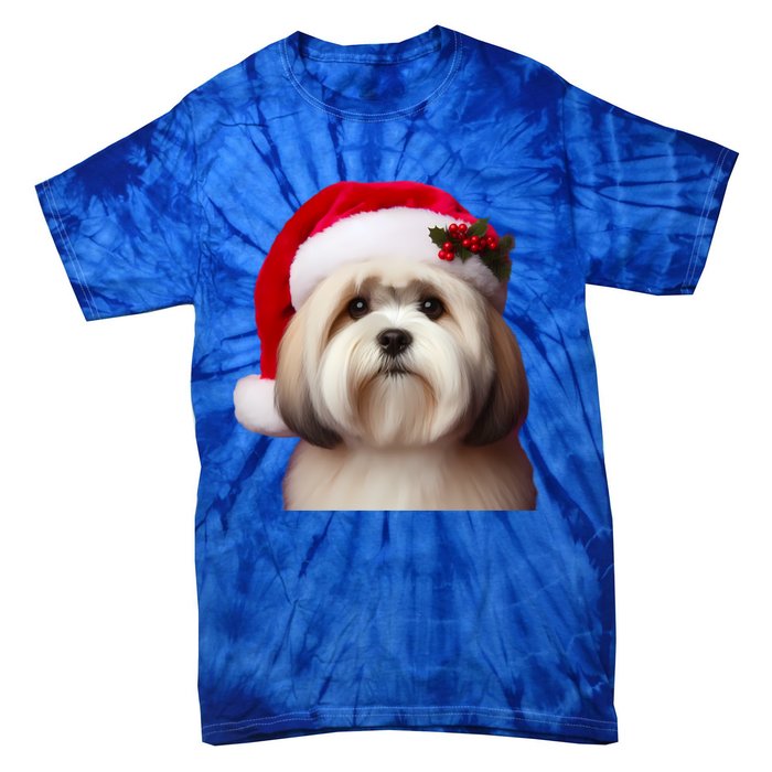 Lhasa Apso With Santa Hat Christmas Dog Owner Lover Mom Dad Gift Tie-Dye T-Shirt