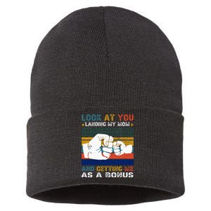 Look At You Landing My Mom Getting Me As A Bonus Funny Dad Sustainable Knit Beanie