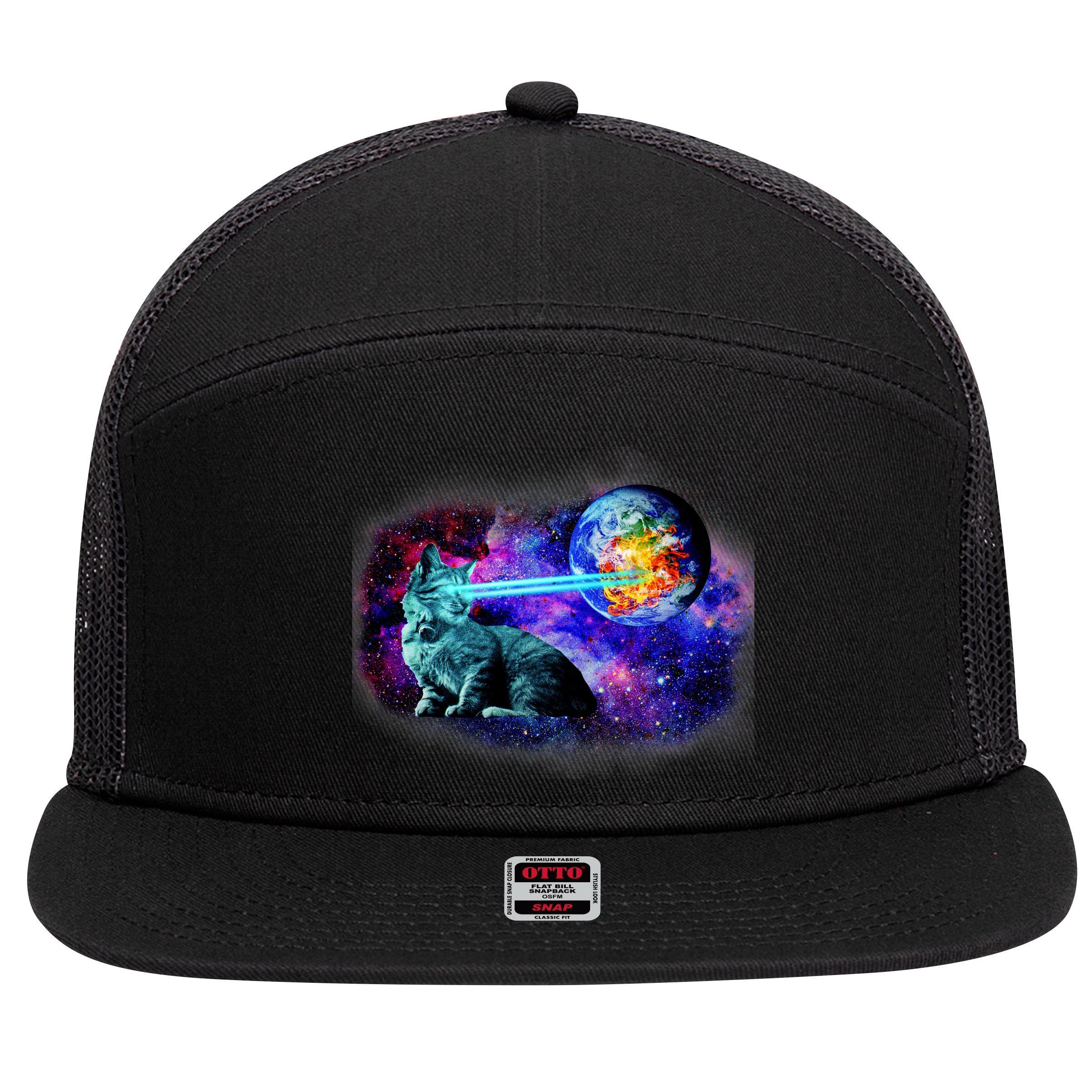 Lazer Cat Blasting In Space 7 Panel Mesh Trucker Snapback Hat