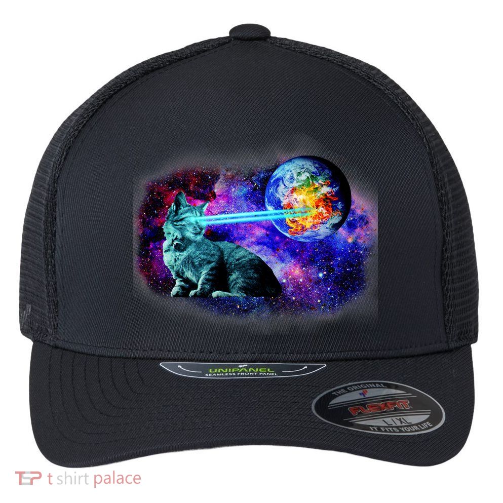 Lazer Cat Blasting In Space Flexfit Unipanel Trucker Cap