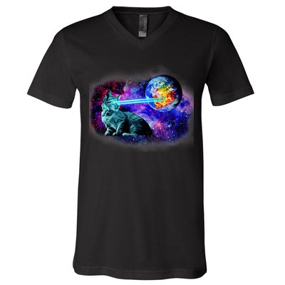 Lazer Cat Blasting In Space V-Neck T-Shirt