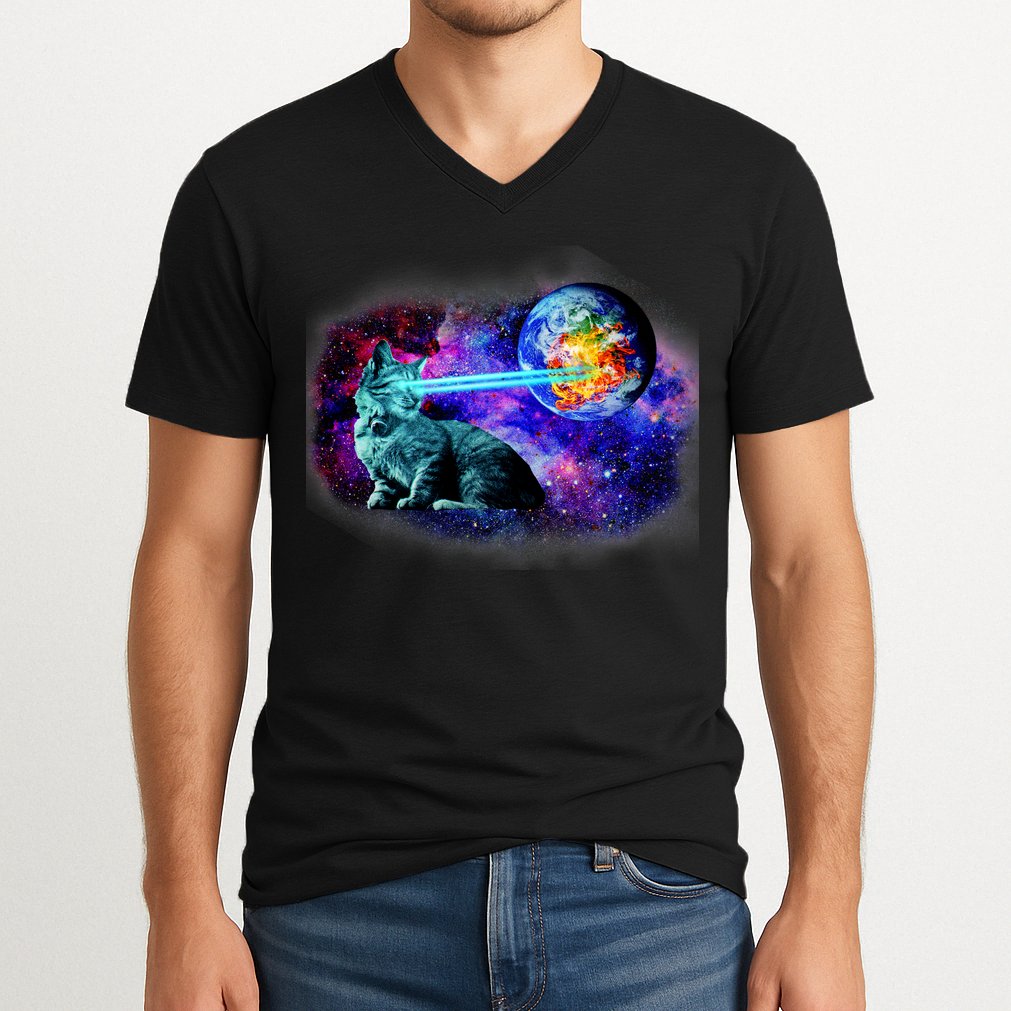 Lazer Cat Blasting In Space V-Neck T-Shirt