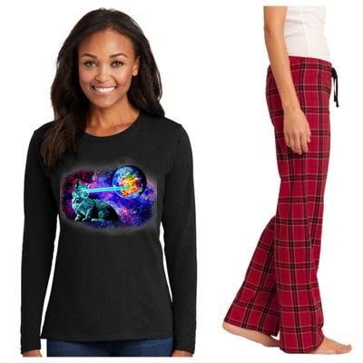 Lazer Cat Blasting In Space Women's Long Sleeve Flannel Pajama Set 