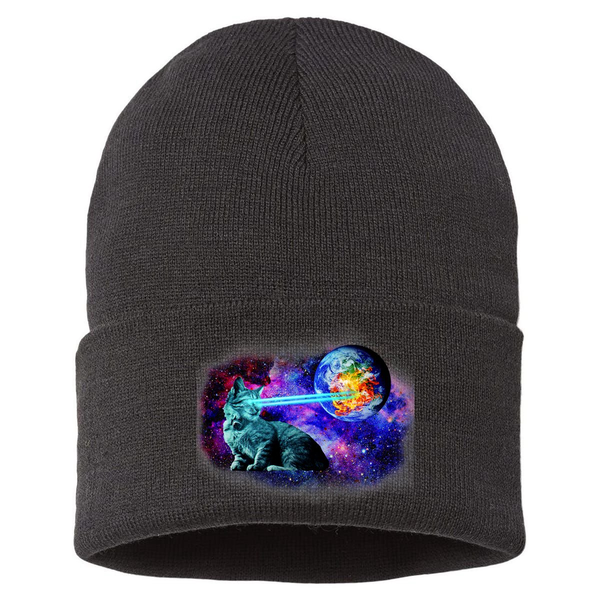 Lazer Cat Blasting In Space Sustainable Knit Beanie