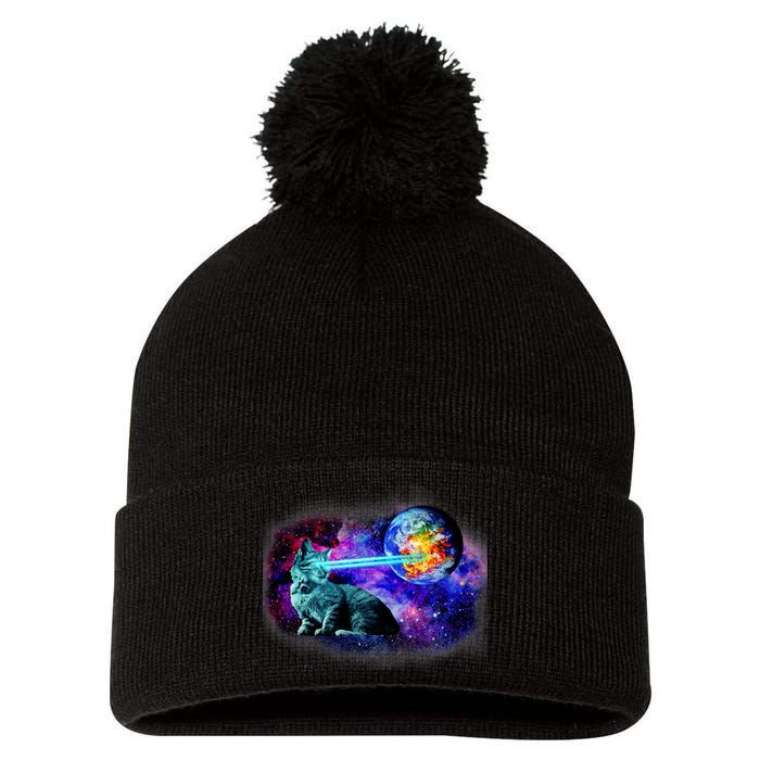 Lazer Cat Blasting In Space Pom Pom 12in Knit Beanie