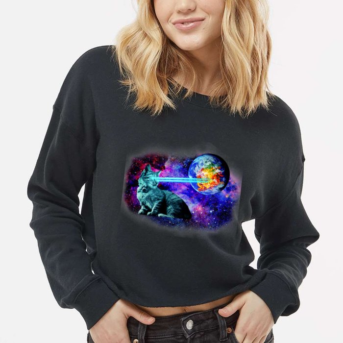 Lazer Cat Blasting In Space Cropped Pullover Crew