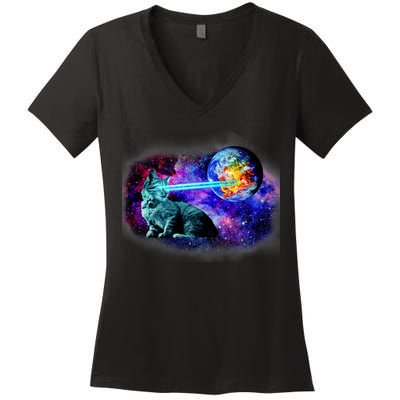 Lazer Cat Blasting In Space Women's V-Neck T-Shirt