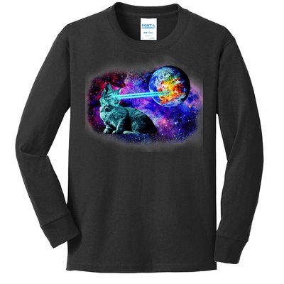 Lazer Cat Blasting In Space Kids Long Sleeve Shirt