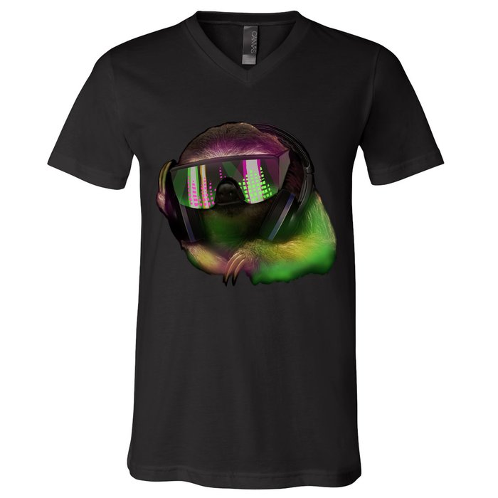 Lazy DJ Sloth V-Neck T-Shirt