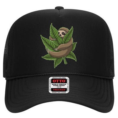 Lazy Sloth Cannabis Leaf High Crown Mesh Back Trucker Hat