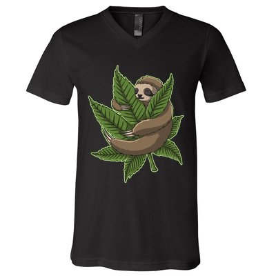 Lazy Sloth Cannabis Leaf V-Neck T-Shirt