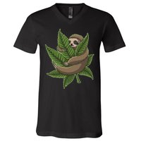 Lazy Sloth Cannabis Leaf V-Neck T-Shirt