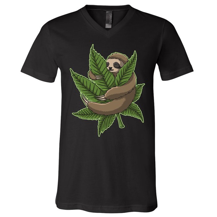 Lazy Sloth Cannabis Leaf V-Neck T-Shirt