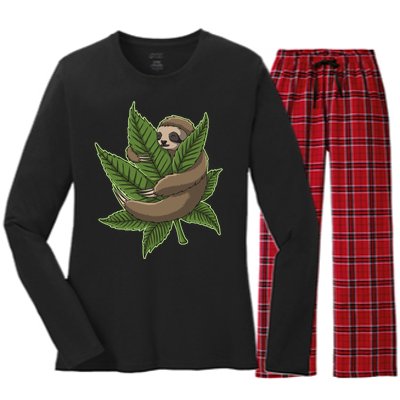 Lazy Sloth Cannabis Leaf Women's Long Sleeve Flannel Pajama Set 