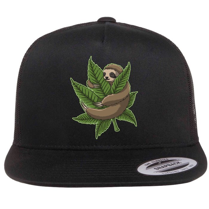 Lazy Sloth Cannabis Leaf Flat Bill Trucker Hat