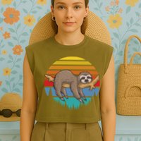lazy Sloth Retro Sunset  Garment-Dyed Women's Muscle Tee