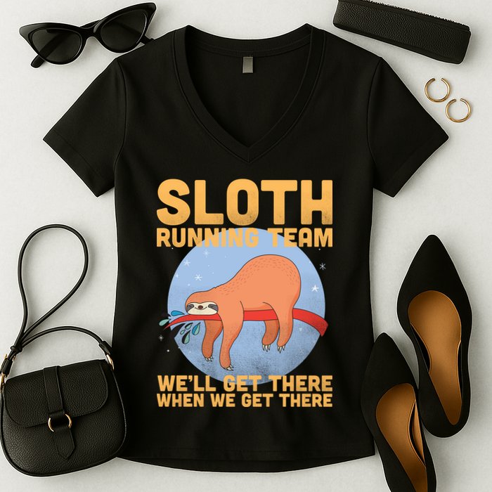 Lazy Sloth Running Team Distressed Women's V-Neck T-Shirt