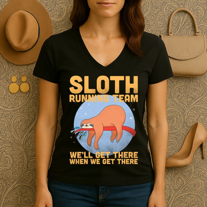 Lazy Sloth Running Team Distressed Women's V-Neck T-Shirt