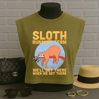 Lazy Sloth Running Team Distressed Garment-Dyed Women's Muscle Tee