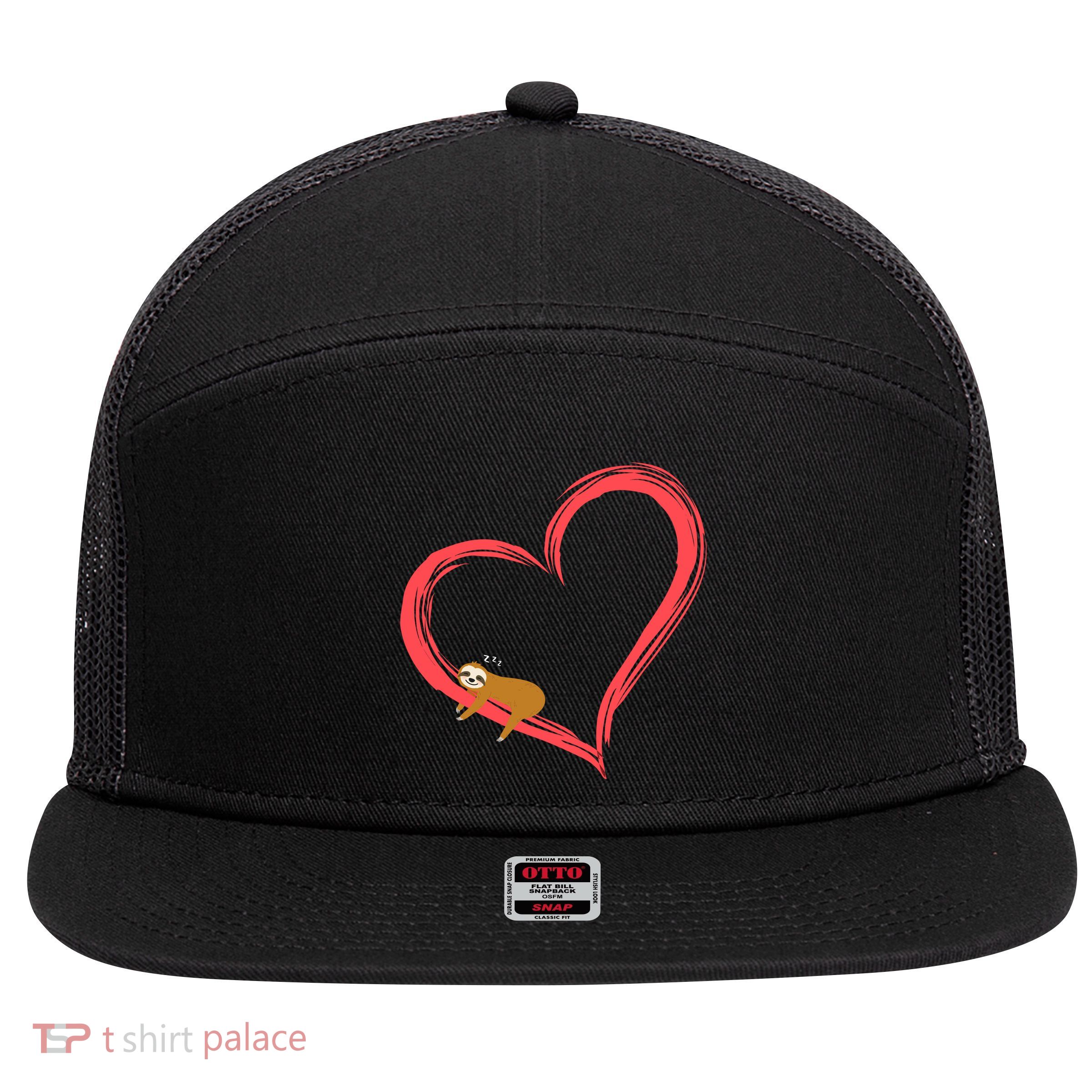 Lazy Sloth Sleeping On Heart 7 Panel Mesh Trucker Snapback Hat