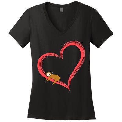 Lazy Sloth Sleeping On Heart Women's V-Neck T-Shirt