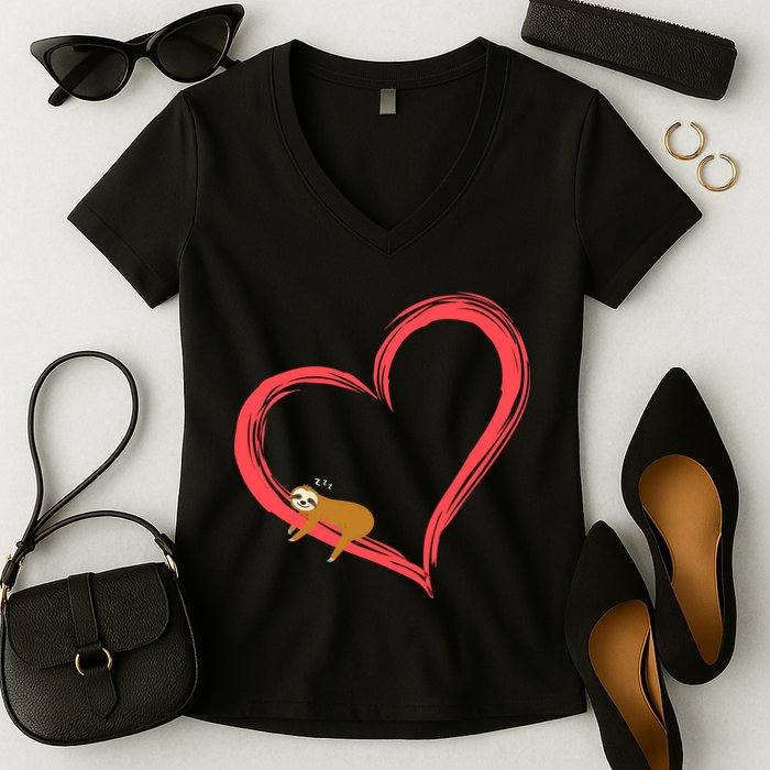 Lazy Sloth Sleeping On Heart Women's V-Neck T-Shirt