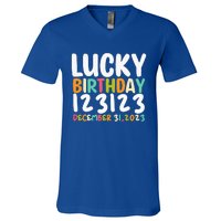 Lucky Birthday 123123 Happy New Year 2024 Birthday Party  V-Neck T-Shirt