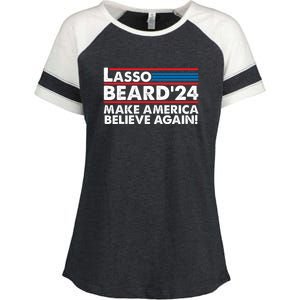 Lasso Beard 2024 Make America Believe Again! Enza Ladies Jersey Colorblock Tee