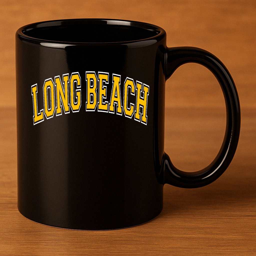 Long Beach Arched Amber Text 11oz C Handle Ceramic Mug