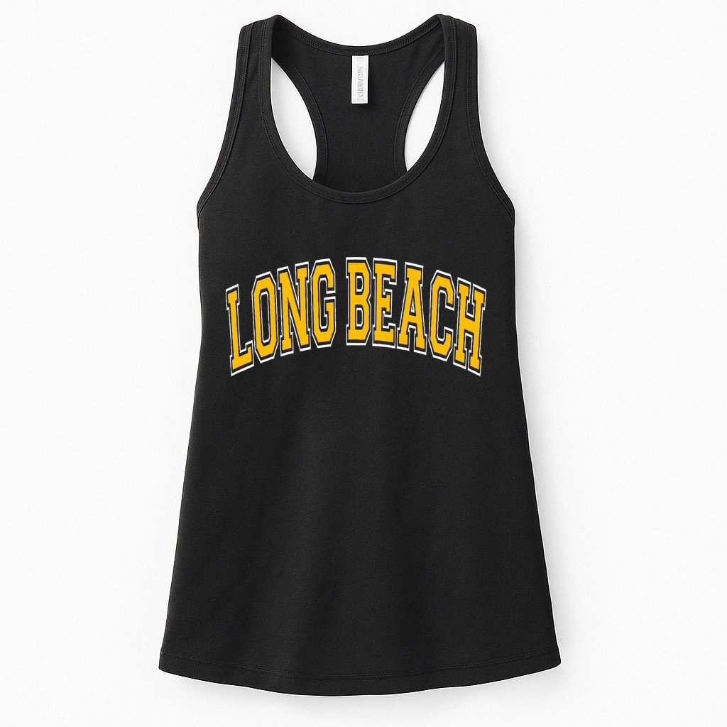 Long Beach Arched Amber Text Womens Tank Top