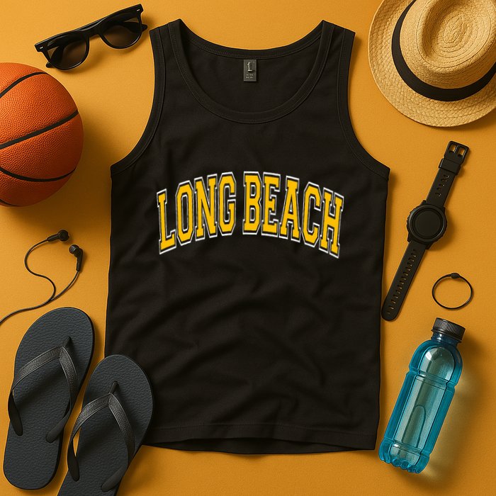 Long Beach Arched Amber Text Tank Top