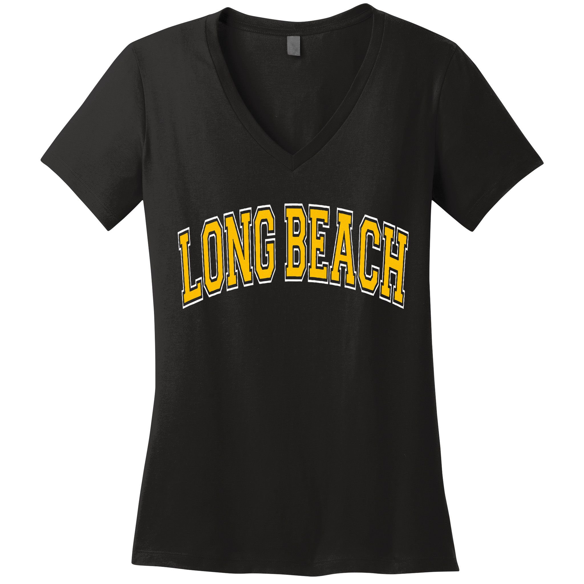 Long Beach Arched Amber Text Women's V-Neck T-Shirt