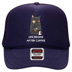 Life Begins After Coffee High Crown Mesh Back Trucker Hat