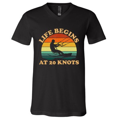 Life Begins At 20 Knots Kiteboarding V-Neck T-Shirt