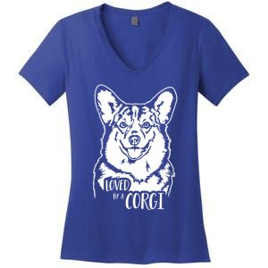 Loved By A Corgi Saying Dog Design Welsh Corgi Dog Mom Gift Women's V-Neck T-Shirt