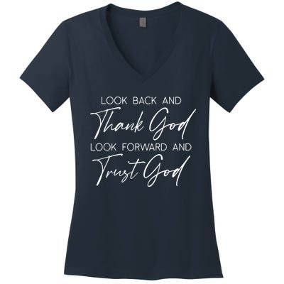 Look Back And Thank God Jesus Christian Faith Inspirational Women's V-Neck T-Shirt