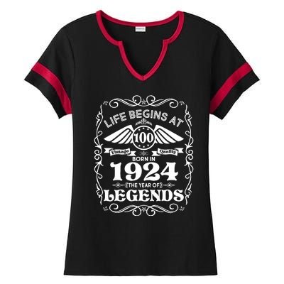 Life Begins At 100 Born In 1924 Year Of Legends Ladies Halftime Notch Neck Tee