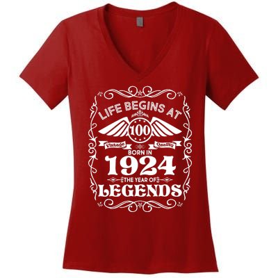 Life Begins At 100 Born In 1924 Year Of Legends Women's V-Neck T-Shirt