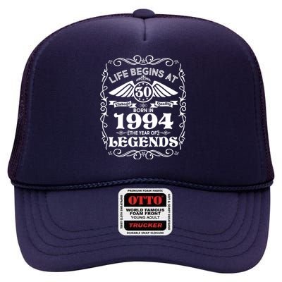 Life Begins At 30 Born In 1994 Year Of Legends High Crown Mesh Back Trucker Hat