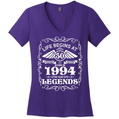 Life Begins At 30 Born In 1994 Year Of Legends Women's V-Neck T-Shirt