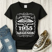 Life Begins At 90 Born In 1935 Year Of Legends Womens T-Shirt