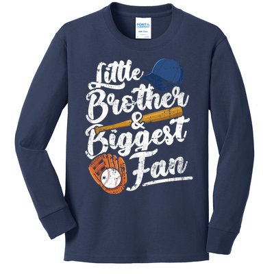 Little Brother Biggest Fan Baseball Funny Boy Kids Long Sleeve Shirt