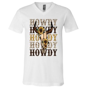 Leopard Boho Bull Skull Sunflower Howdy Western Country V-Neck T-Shirt