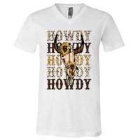 Leopard Boho Bull Skull Sunflower Howdy Western Country V-Neck T-Shirt