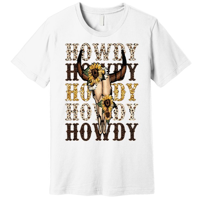 Leopard Boho Bull Skull Sunflower Howdy Western Country Premium T-Shirt