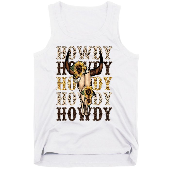 Leopard Boho Bull Skull Sunflower Howdy Western Country Tank Top