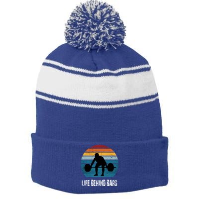 Life Behind Bars Funny Powerlifting Weightlifting Vintage Meaningful Gift Stripe Pom Pom Beanie